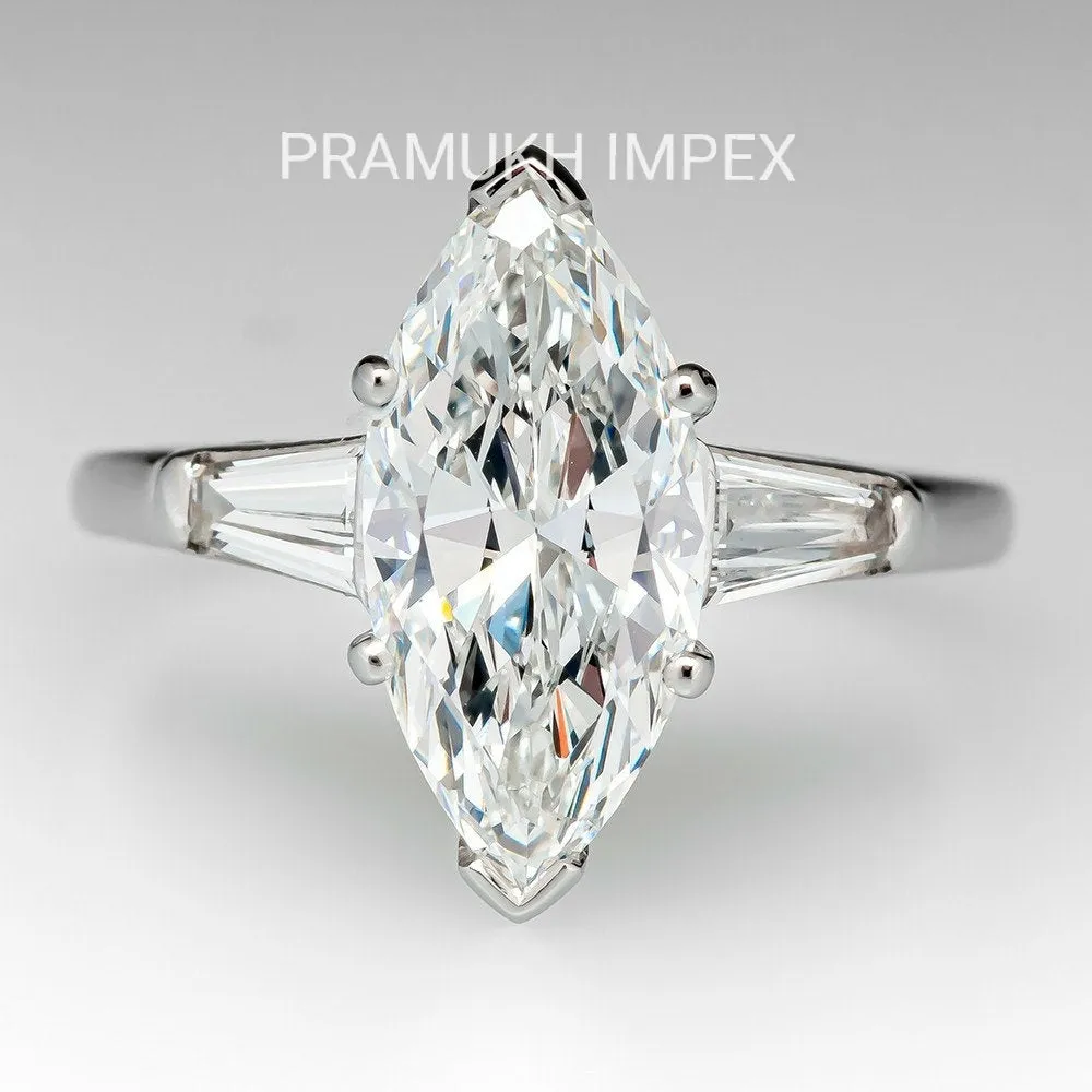 Mid Century Marquise Cut Moissanite Engagement Ring 14k White Gold vintage Ring, 3.24TDW Wedding Ring, Anniversary Ring