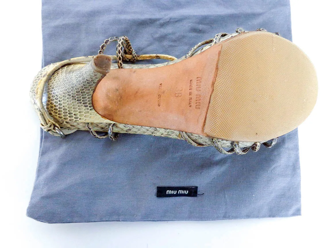 MIU MIU Snake Skin Leather T-Strap Open Toe Ankle Strap Heels Size 38