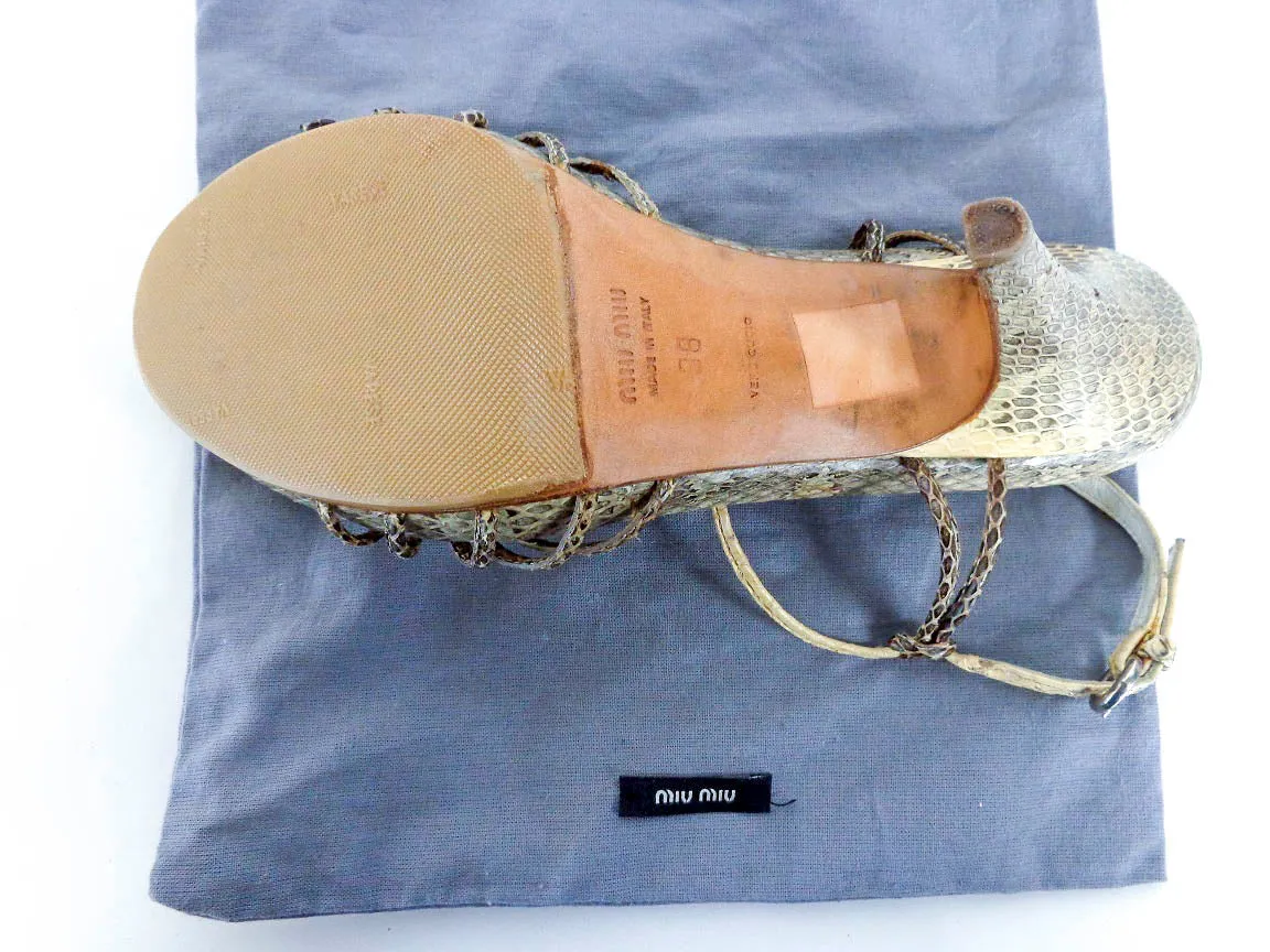 MIU MIU Snake Skin Leather T-Strap Open Toe Ankle Strap Heels Size 38