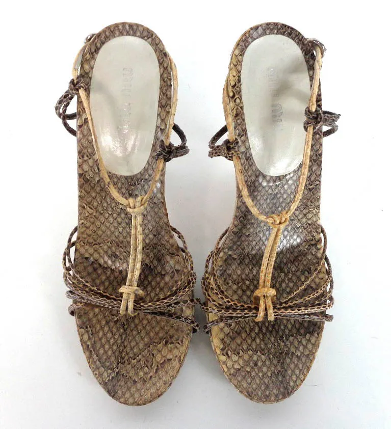 MIU MIU Snake Skin Leather T-Strap Open Toe Ankle Strap Heels Size 38