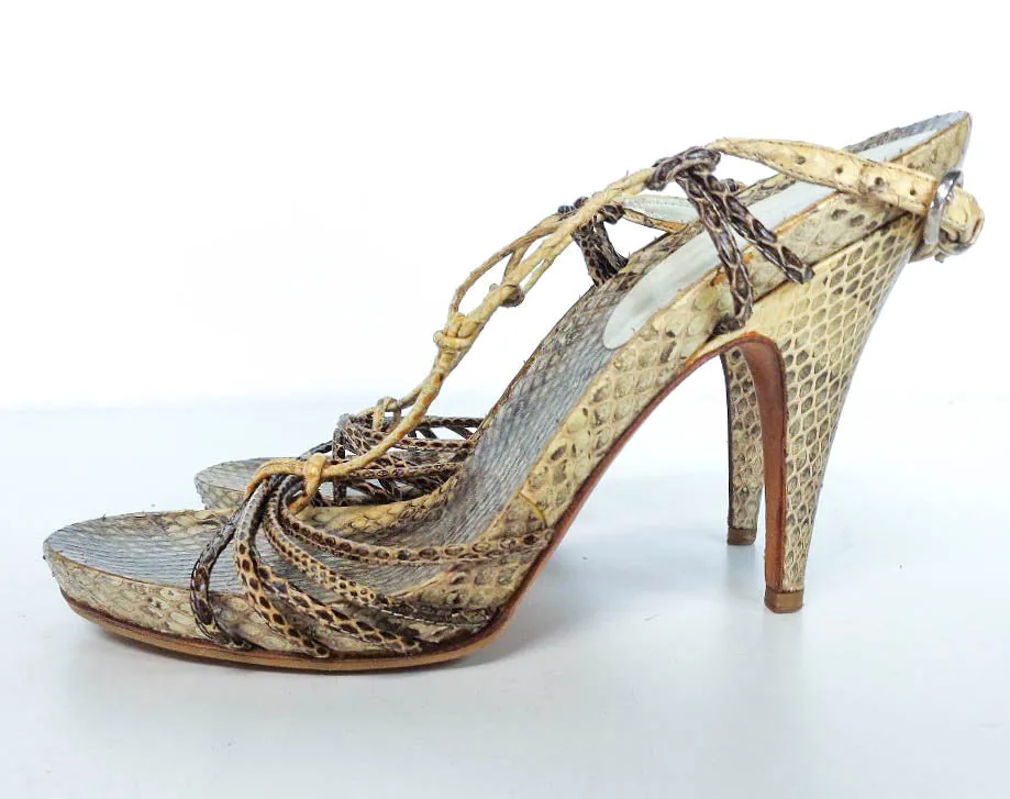 MIU MIU Snake Skin Leather T-Strap Open Toe Ankle Strap Heels Size 38