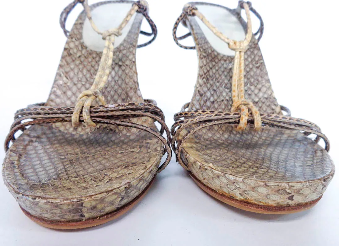 MIU MIU Snake Skin Leather T-Strap Open Toe Ankle Strap Heels Size 38