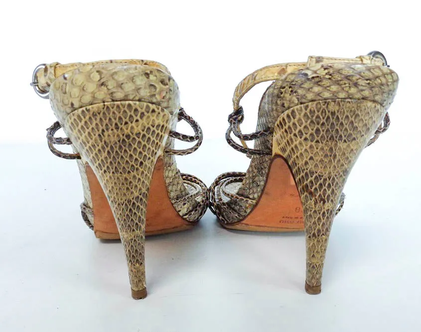 MIU MIU Snake Skin Leather T-Strap Open Toe Ankle Strap Heels Size 38