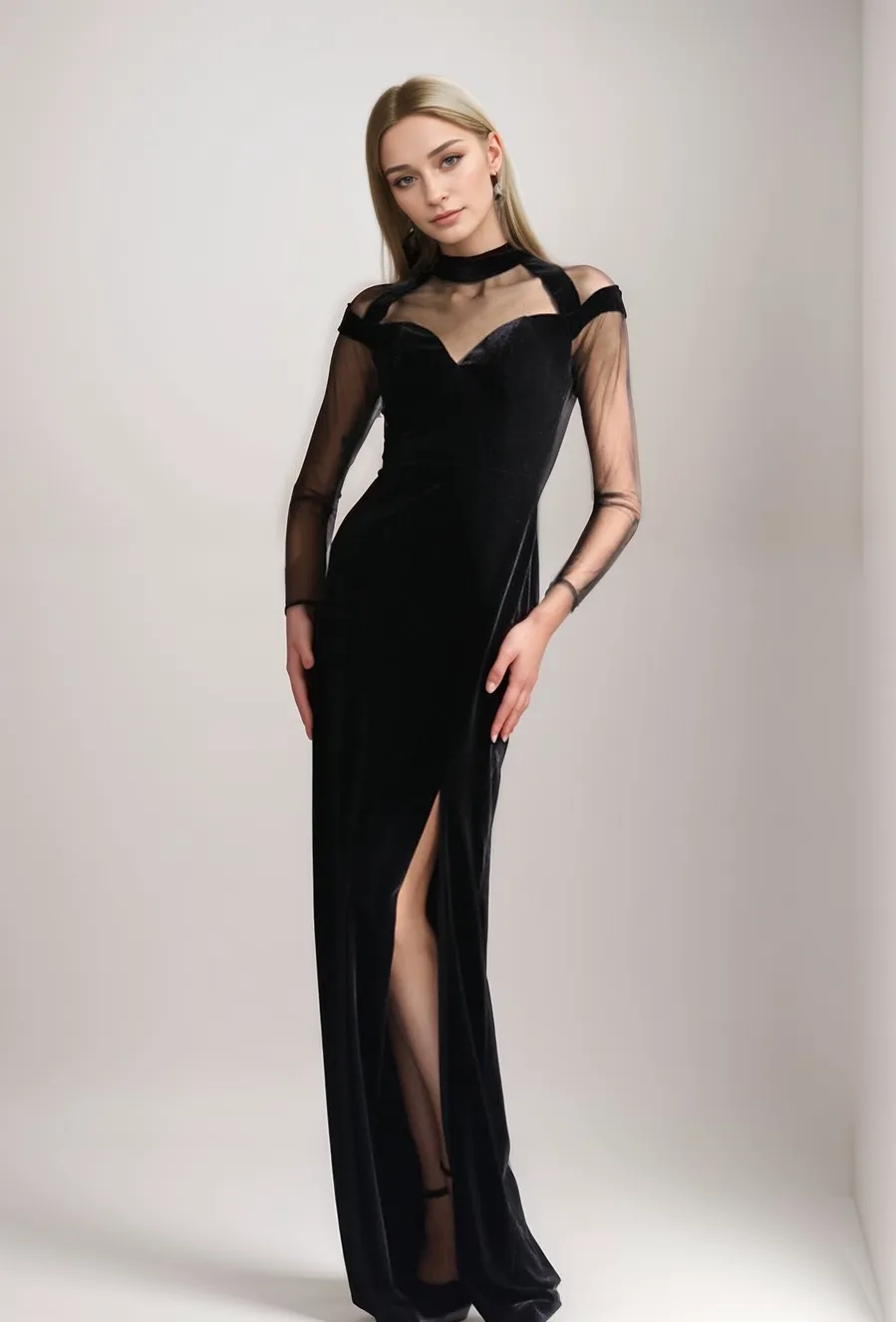 Modern Tulle Mesh Long Sleeves Thigh Slit Black Velvet Dress