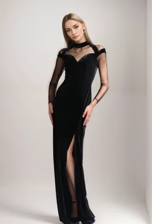 Modern Tulle Mesh Long Sleeves Thigh Slit Black Velvet Dress