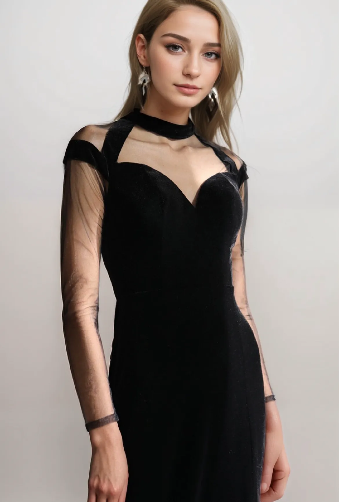 Modern Tulle Mesh Long Sleeves Thigh Slit Black Velvet Dress