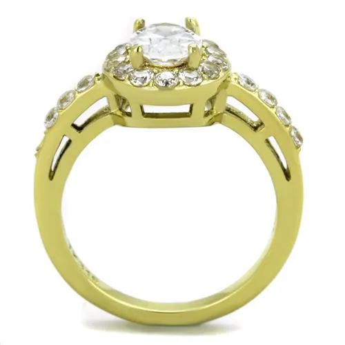 MT 1091 - IP Gold(Ion Plating) Stainless Steel Ring with High Grade Oval Crystals in Clear - April