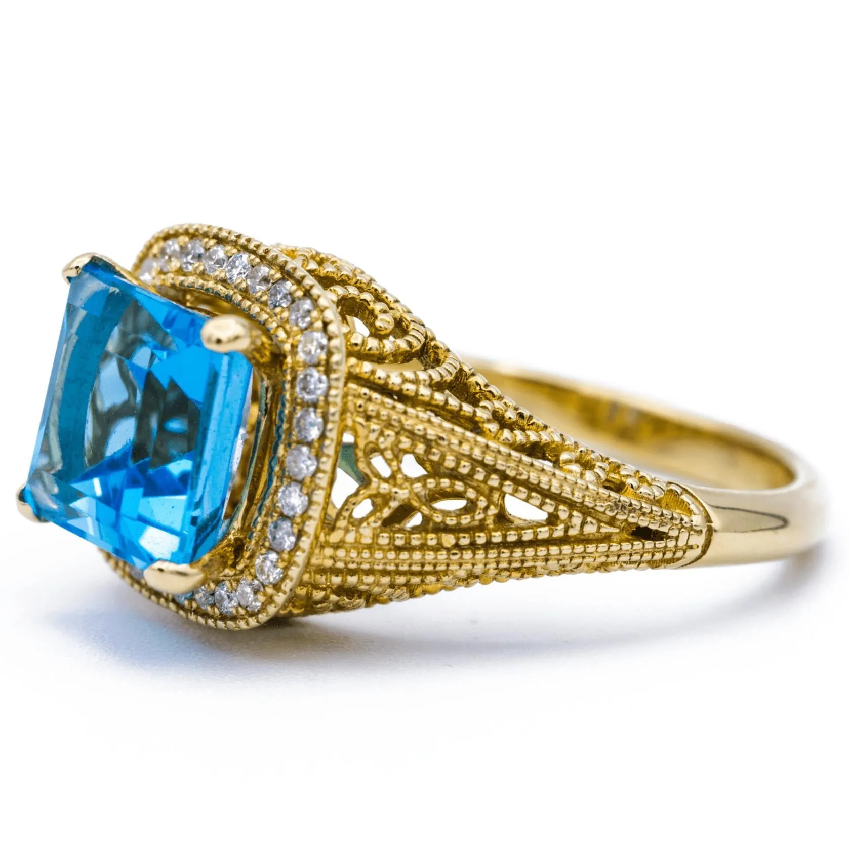 Natural Square Cut Blue Topaz 14k Solid Yellow Gold Exquisite Diamond Filigree Design Setting 3.6 Carat Total Weight