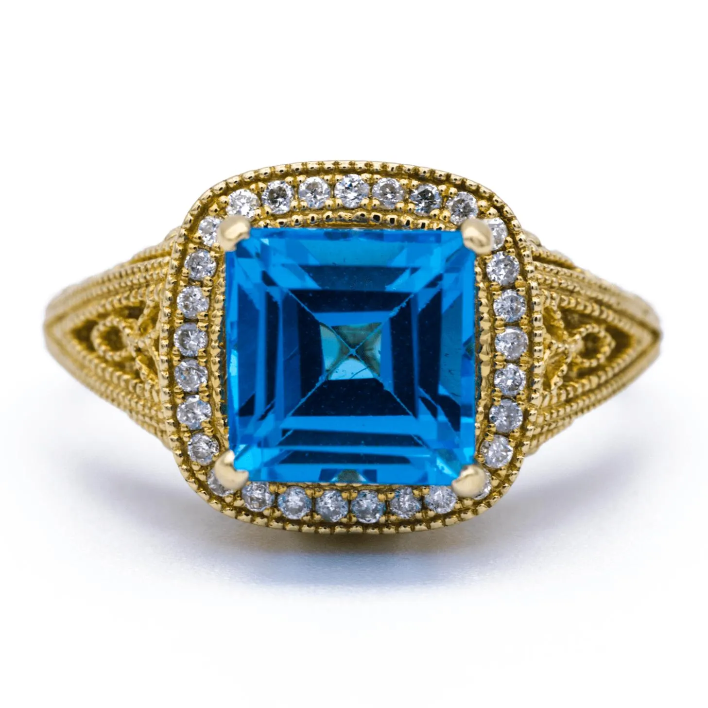 Natural Square Cut Blue Topaz 14k Solid Yellow Gold Exquisite Diamond Filigree Design Setting 3.6 Carat Total Weight