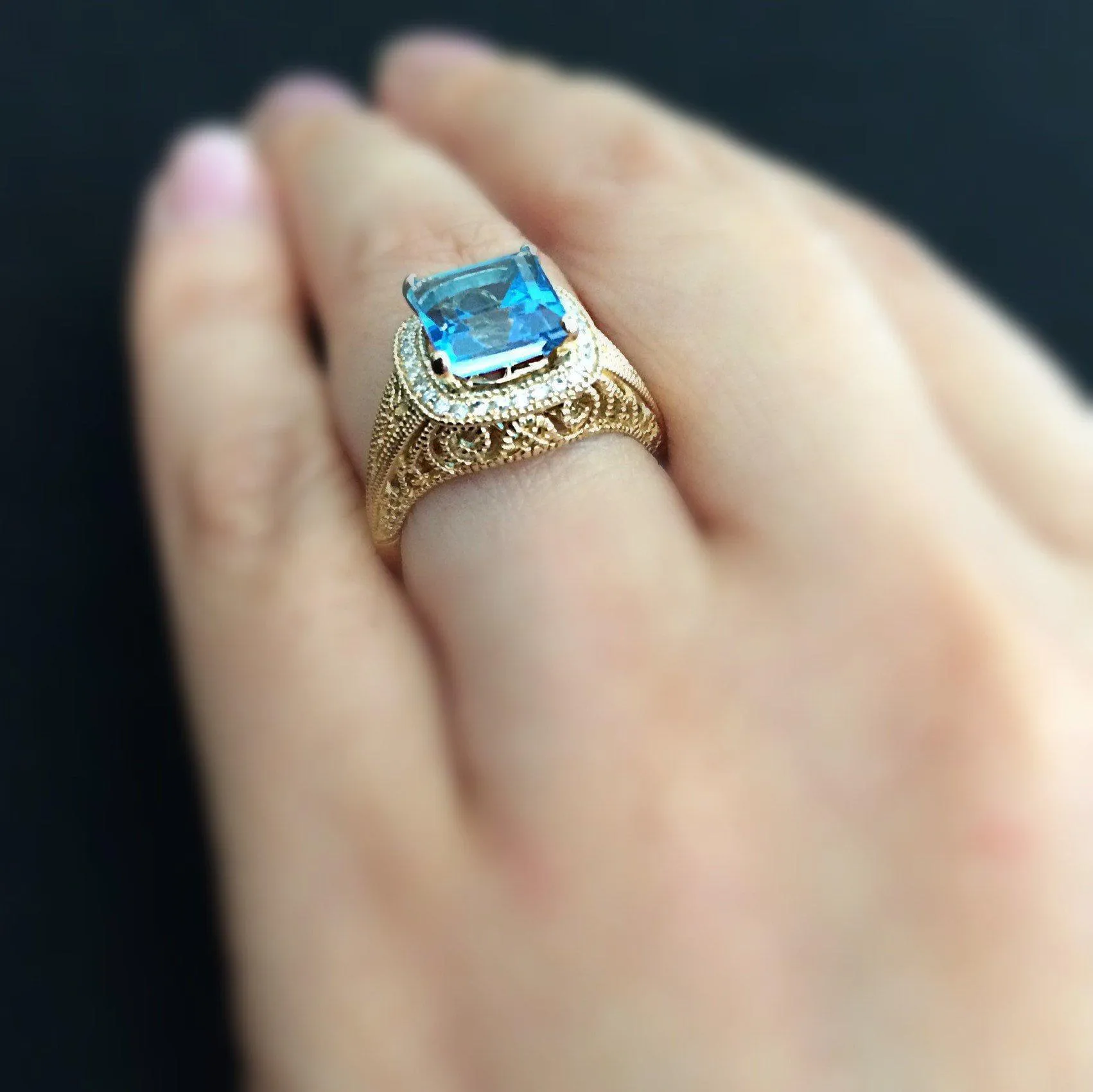 Natural Square Cut Blue Topaz 14k Solid Yellow Gold Exquisite Diamond Filigree Design Setting 3.6 Carat Total Weight