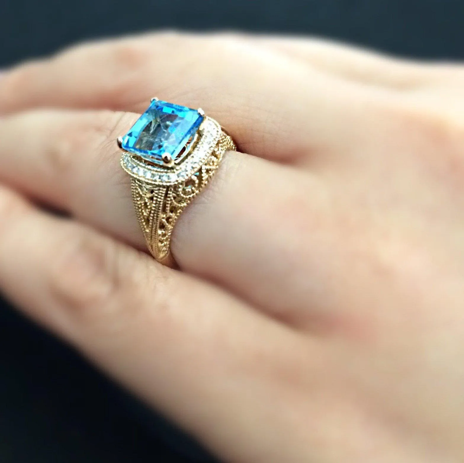 Natural Square Cut Blue Topaz 14k Solid Yellow Gold Exquisite Diamond Filigree Design Setting 3.6 Carat Total Weight