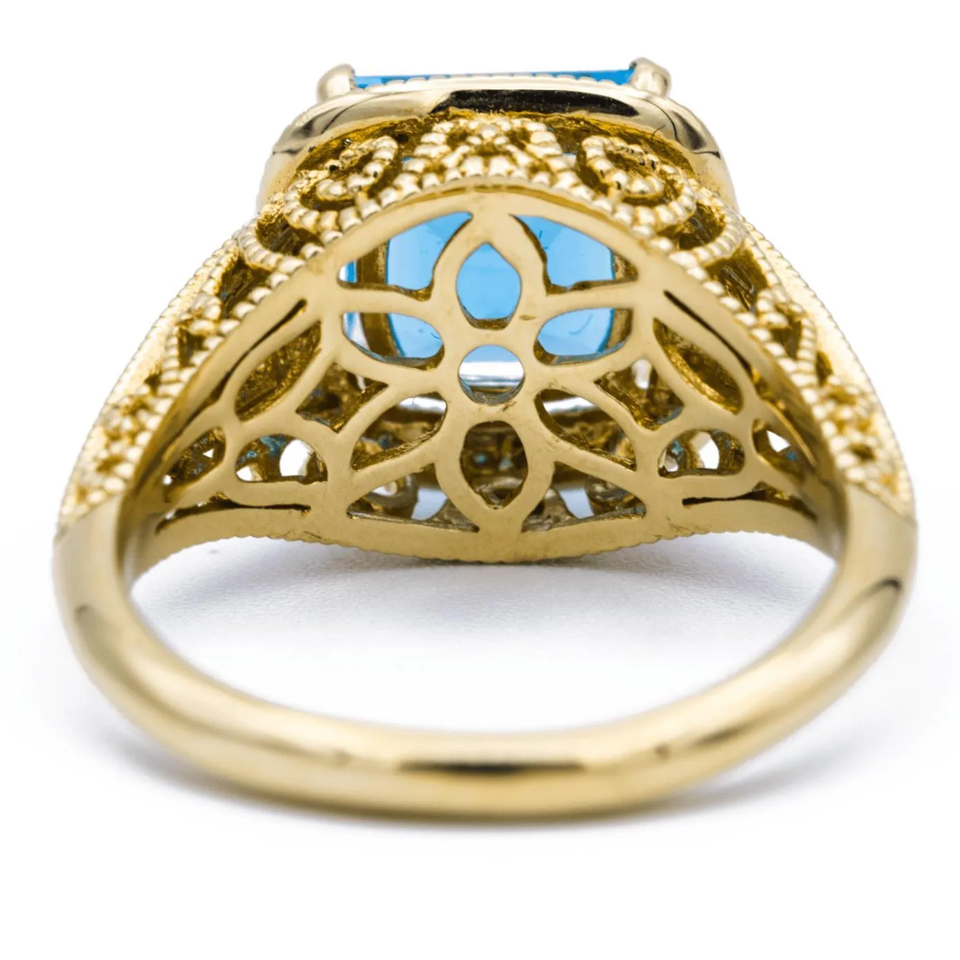 Natural Square Cut Blue Topaz 14k Solid Yellow Gold Exquisite Diamond Filigree Design Setting 3.6 Carat Total Weight