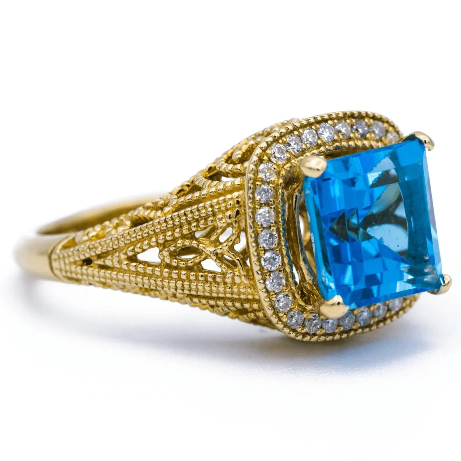 Natural Square Cut Blue Topaz 14k Solid Yellow Gold Exquisite Diamond Filigree Design Setting 3.6 Carat Total Weight