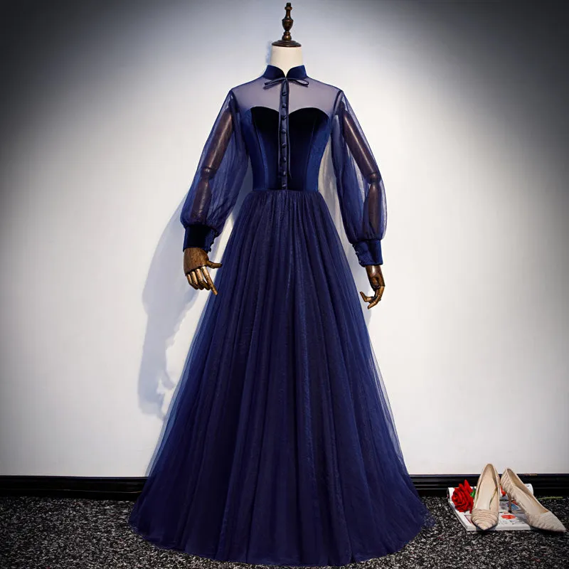 Navy Blue Velvet and Tulle A-line Long Sleeves Prom Dresses, Blue Bridesmaid Dresses