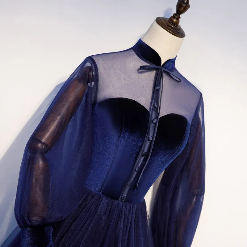 Navy Blue Velvet and Tulle A-line Long Sleeves Prom Dresses, Blue Bridesmaid Dresses