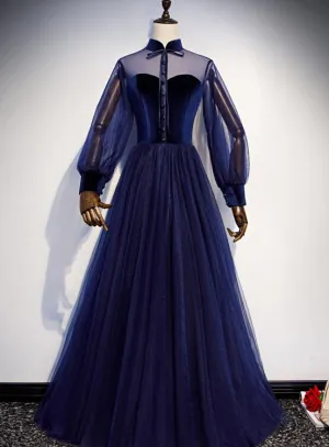 Navy Blue Velvet and Tulle A-line Long Sleeves Prom Dresses, Blue Bridesmaid Dresses