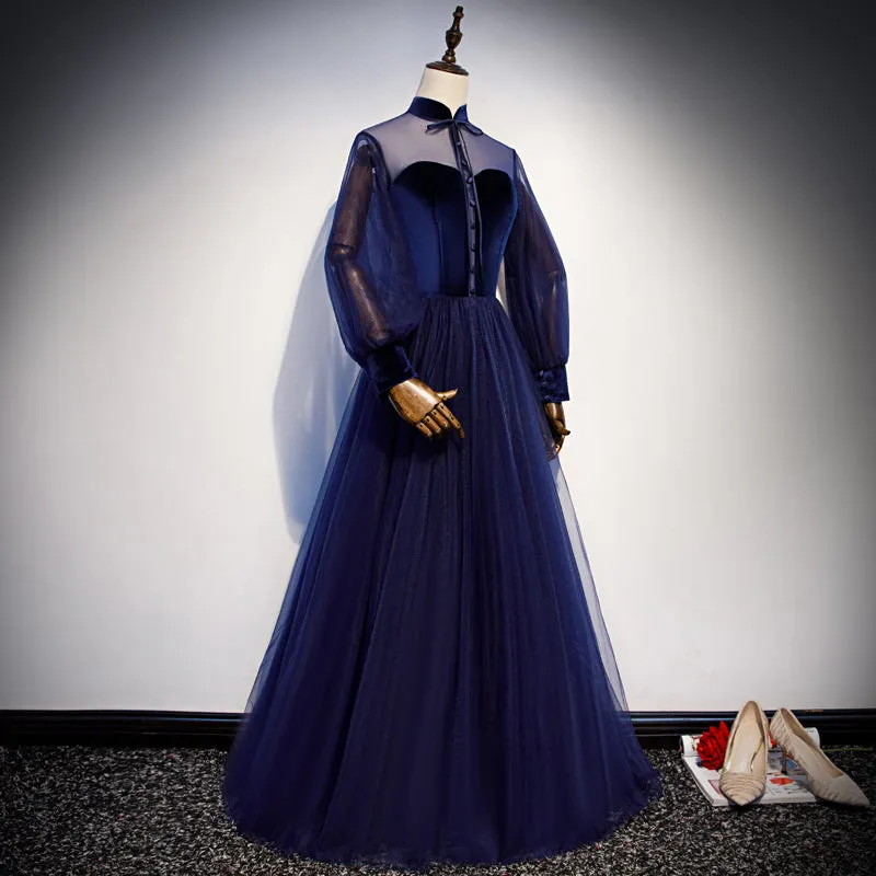 Navy Blue Velvet and Tulle A-line Long Sleeves Prom Dresses, Blue Bridesmaid Dresses