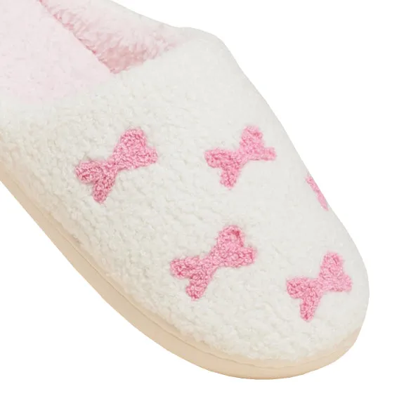 NEW! LUXE WHITE   PINK BOW SLIPPERS