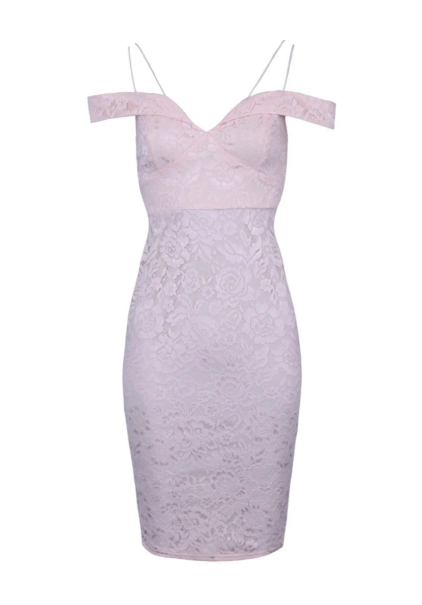 Nude Off The Shoulder Strappy Lace Midi Dress