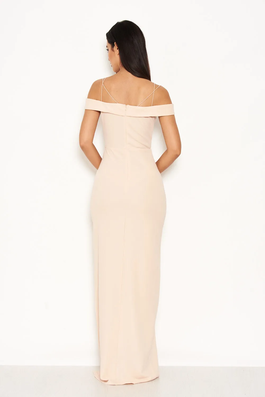 Nude Strappy Off The Shoulder Side Split Maxi Dress