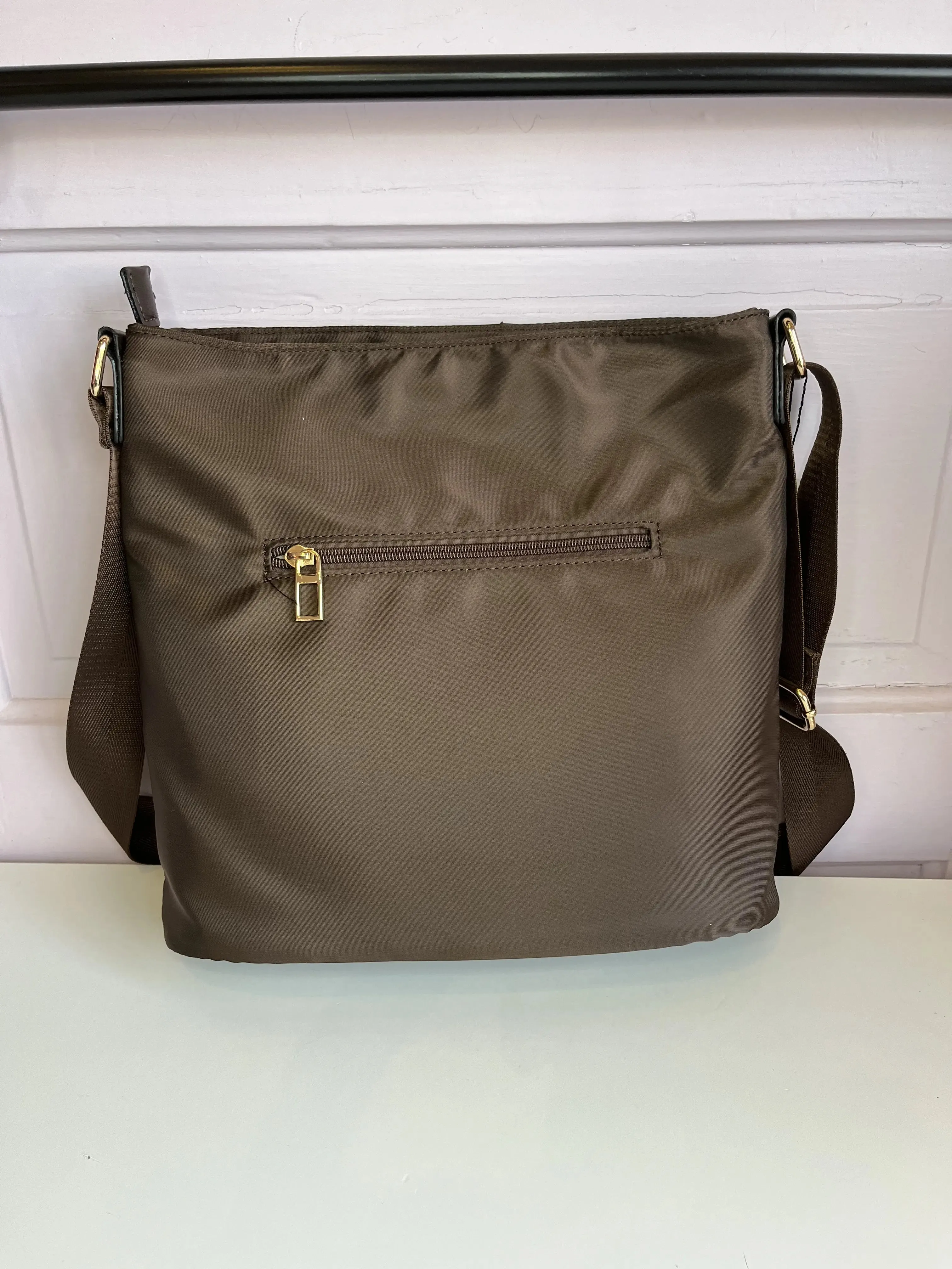 Nylon Crossbody w/ Cross Stitch Vegan Leather Stripe Chocolate