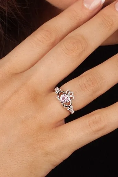 OCTOBER Birthstone Silver Claddagh Ring LS-SL90-10 Inscribed with "Love Loyalty Friendship"