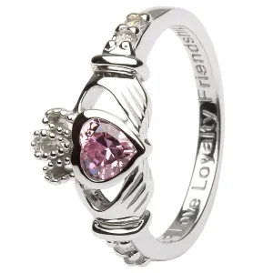 OCTOBER Birthstone Silver Claddagh Ring LS-SL90-10 Inscribed with "Love Loyalty Friendship"