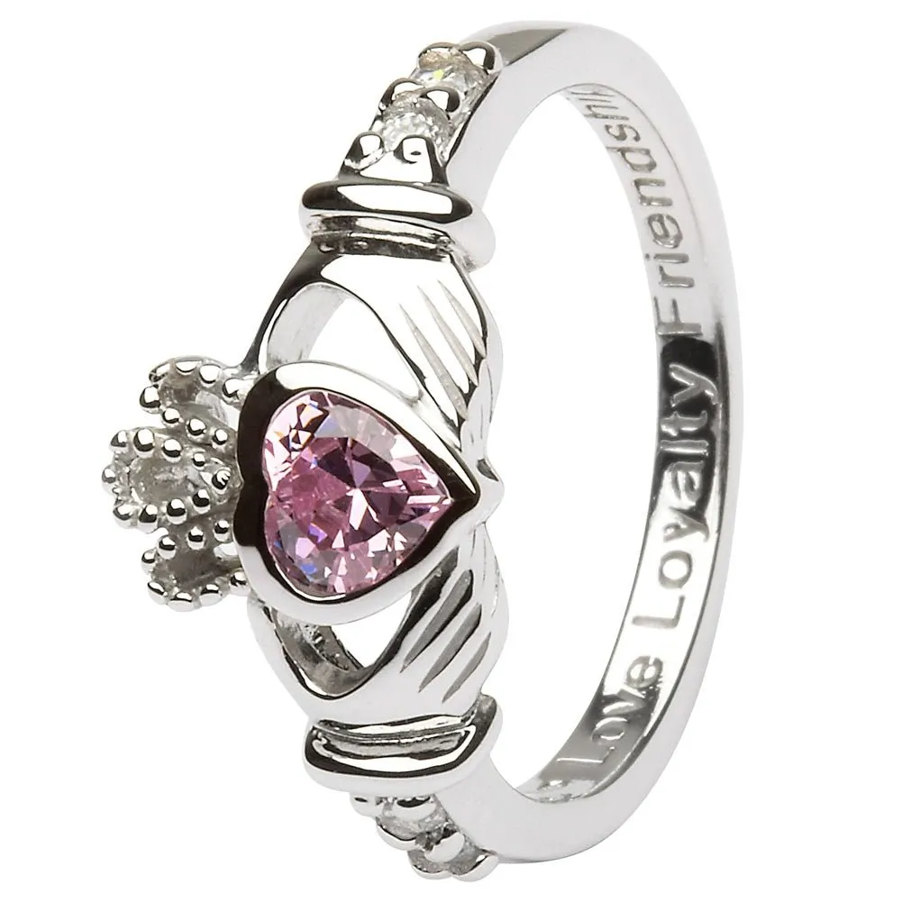 OCTOBER Birthstone Silver Claddagh Ring LS-SL90-10 Inscribed with "Love Loyalty Friendship"