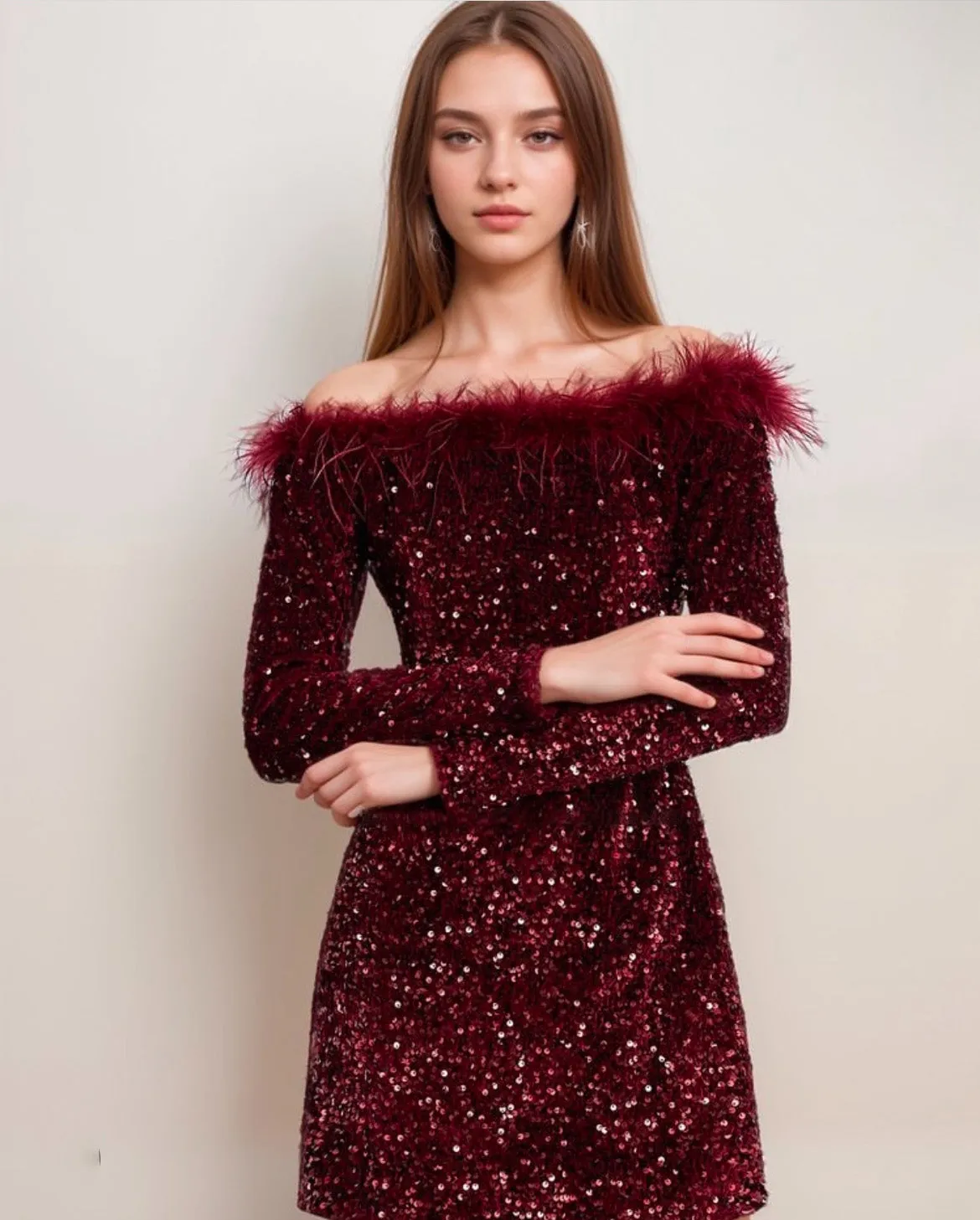 Off-Shoulder Feather Trim Sequin Velvet Mini Dress