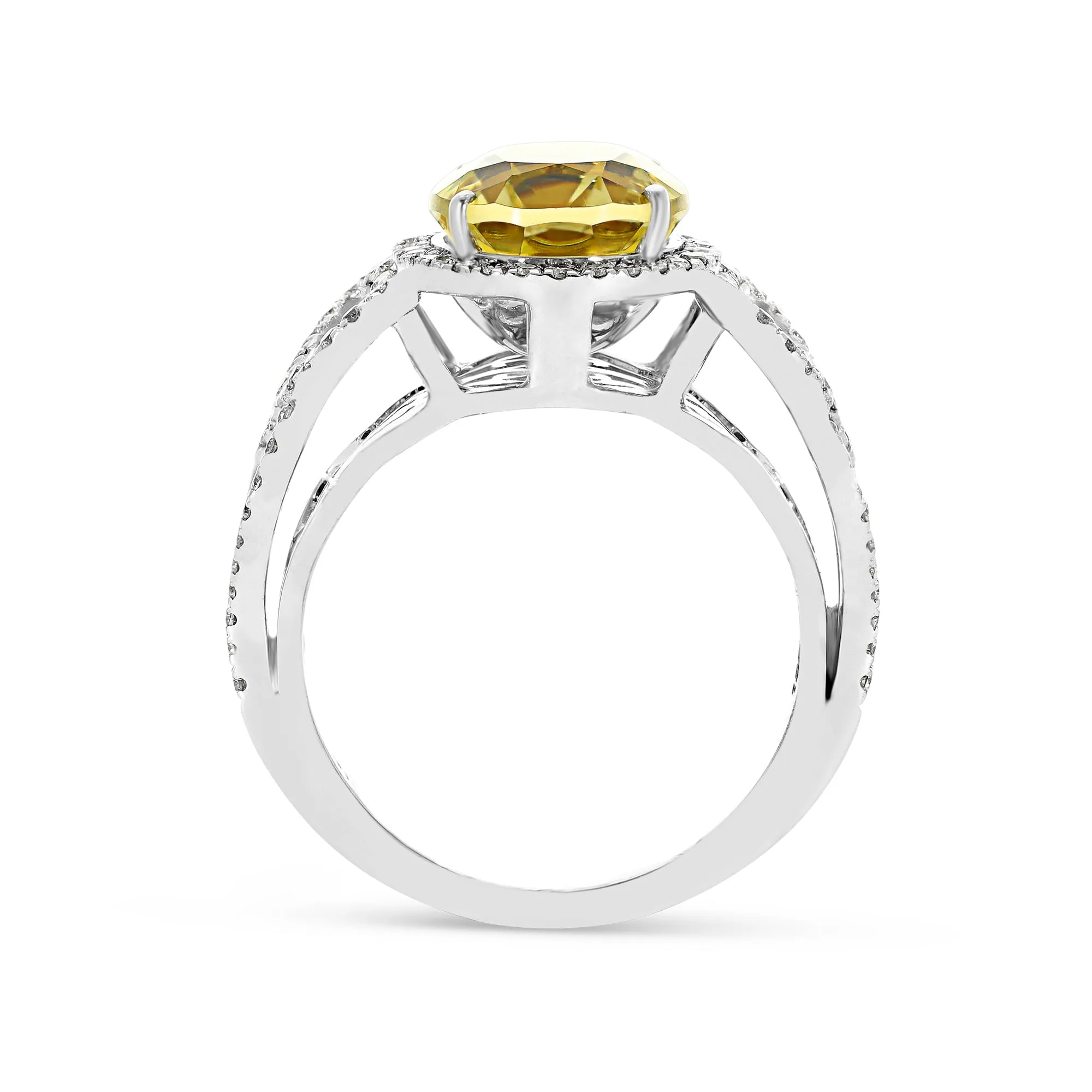 Oval Cut Green Topaz Diamond Frame Split Shank Statement Birthstone Ring