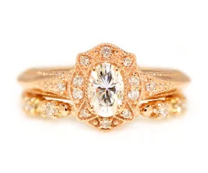 Oval Diamond Floral Halo Rose Gold Wedding Ring