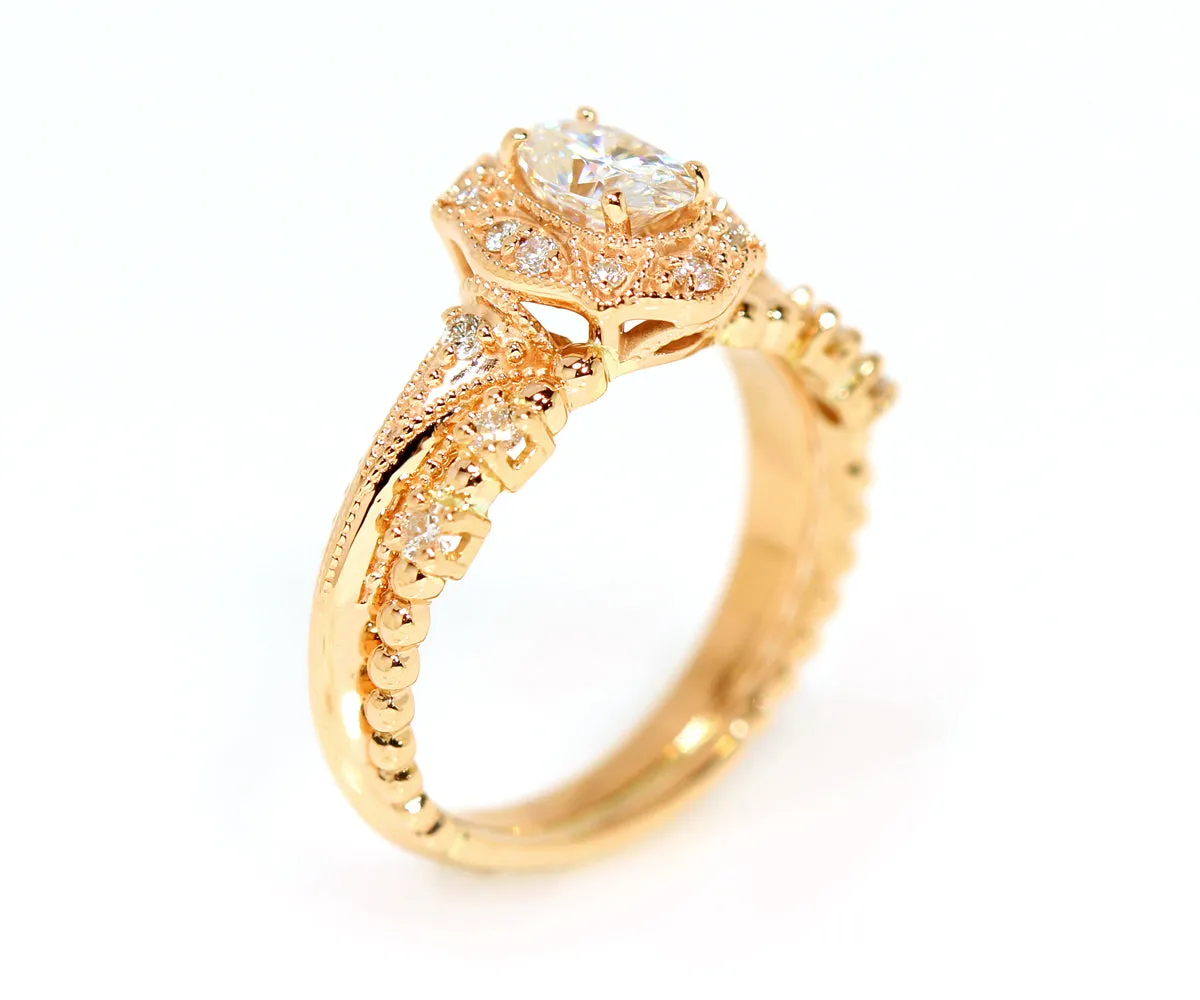 Oval Diamond Floral Halo Rose Gold Wedding Ring