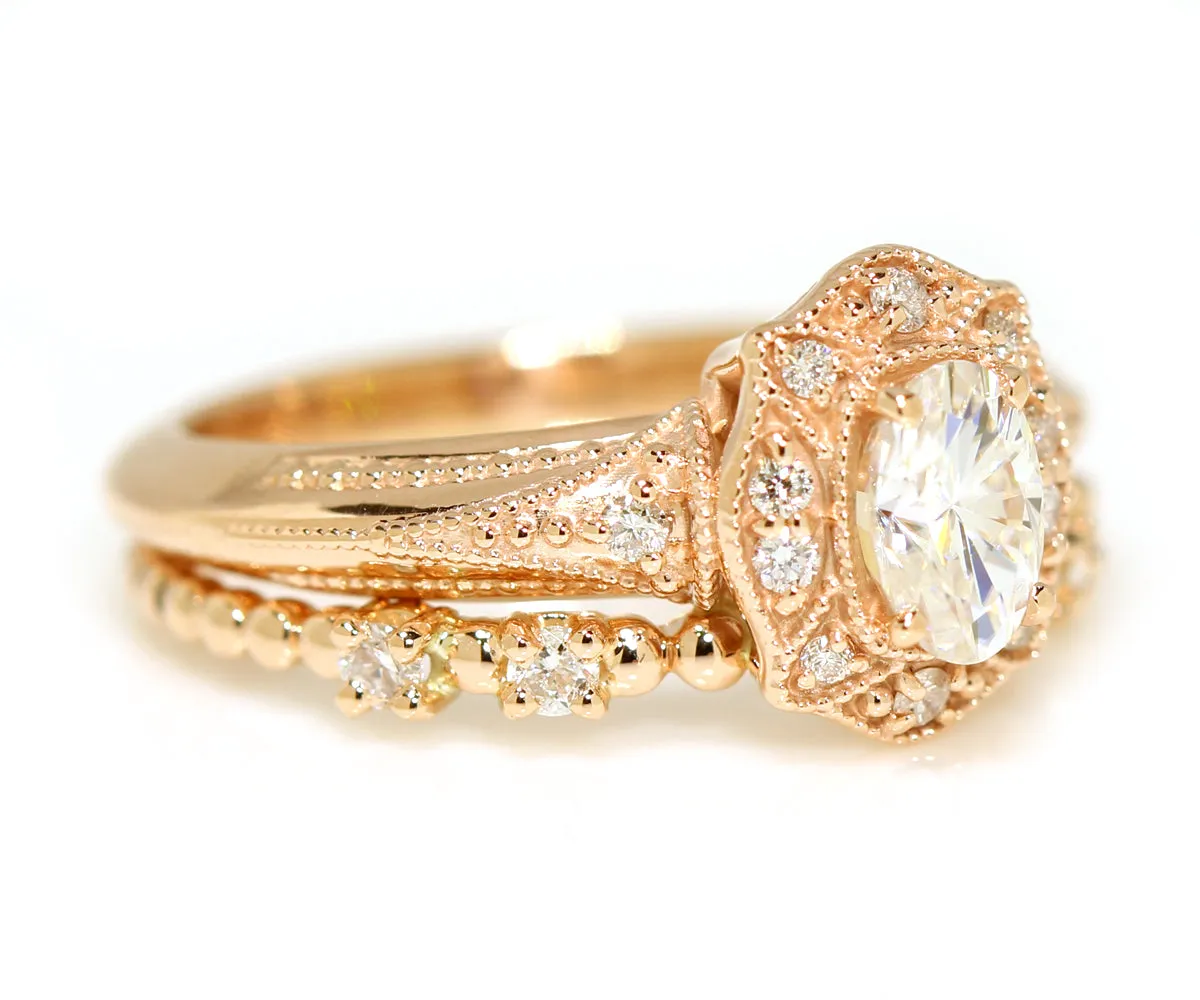 Oval Diamond Floral Halo Rose Gold Wedding Ring