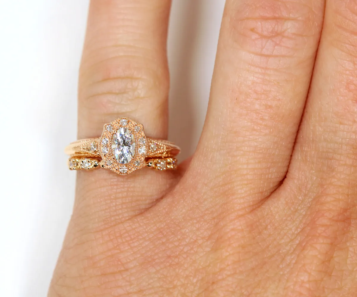 Oval Diamond Floral Halo Rose Gold Wedding Ring