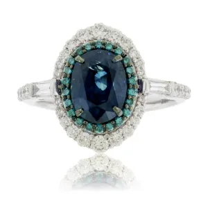 Peacock Blue-Green Sapphire & Blue Diamond Halo Ring