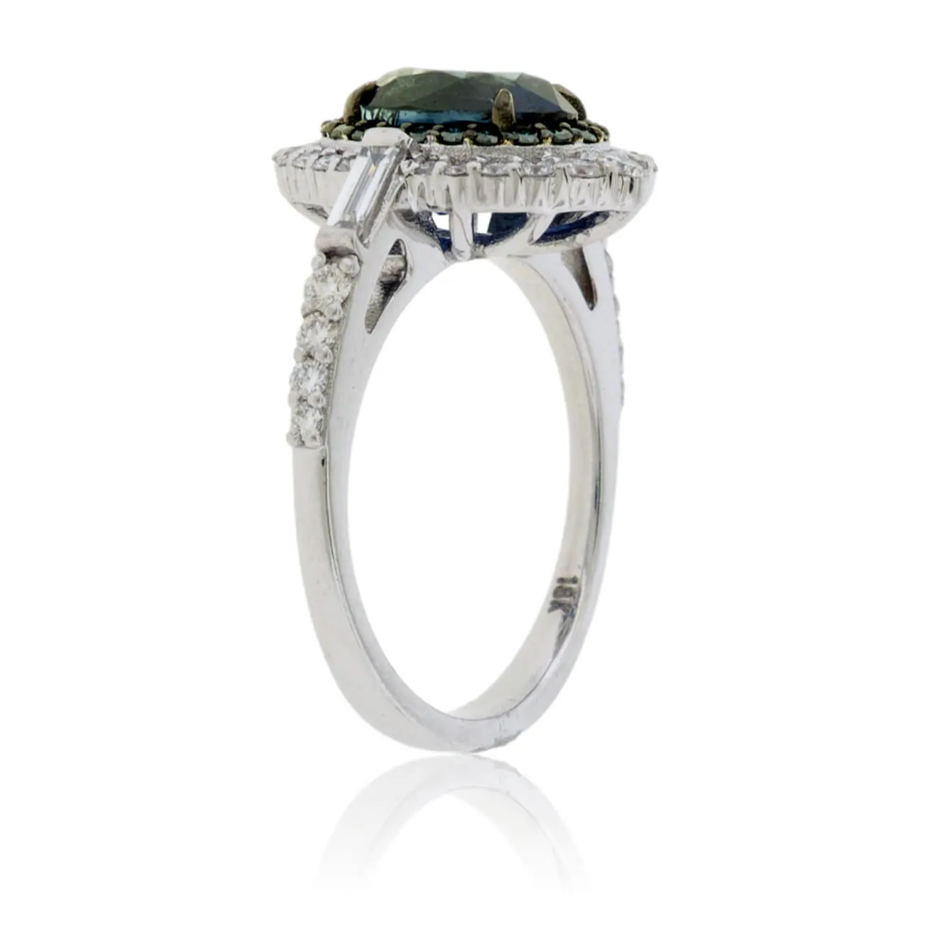 Peacock Blue-Green Sapphire & Blue Diamond Halo Ring