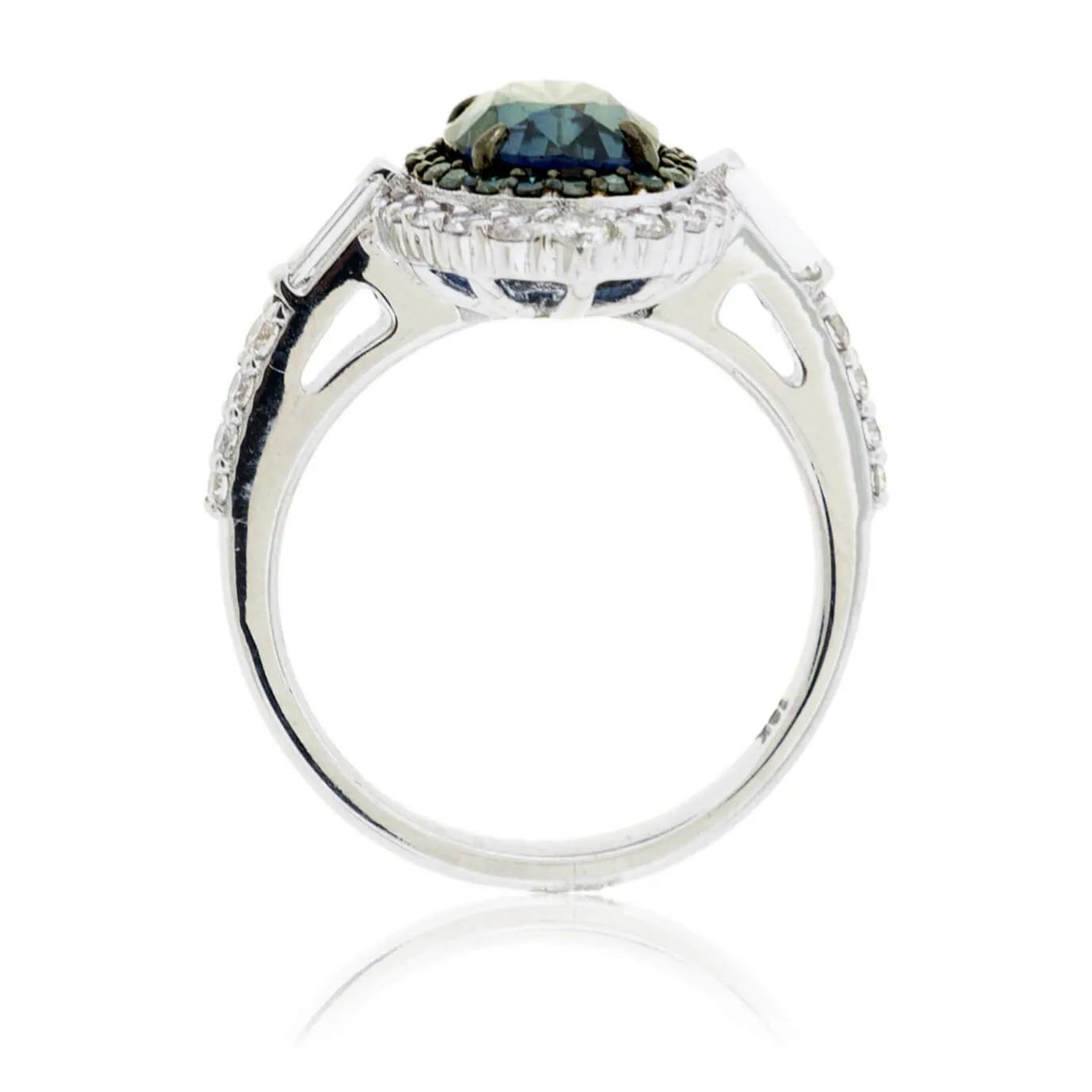 Peacock Blue-Green Sapphire & Blue Diamond Halo Ring