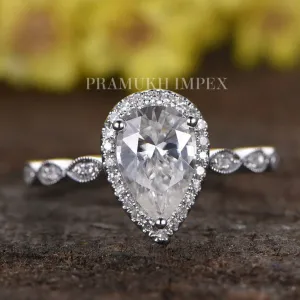 Pear Moissanite Engagement Ring White Gold Vintage Halo Diamond Wedding Ring Promise Cluster Anniversary Gift For Her 1.50CT