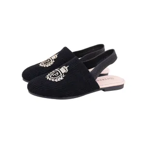 Perroquet Girls Ribbed Velvet Sling Backs with Gold Crest - Black