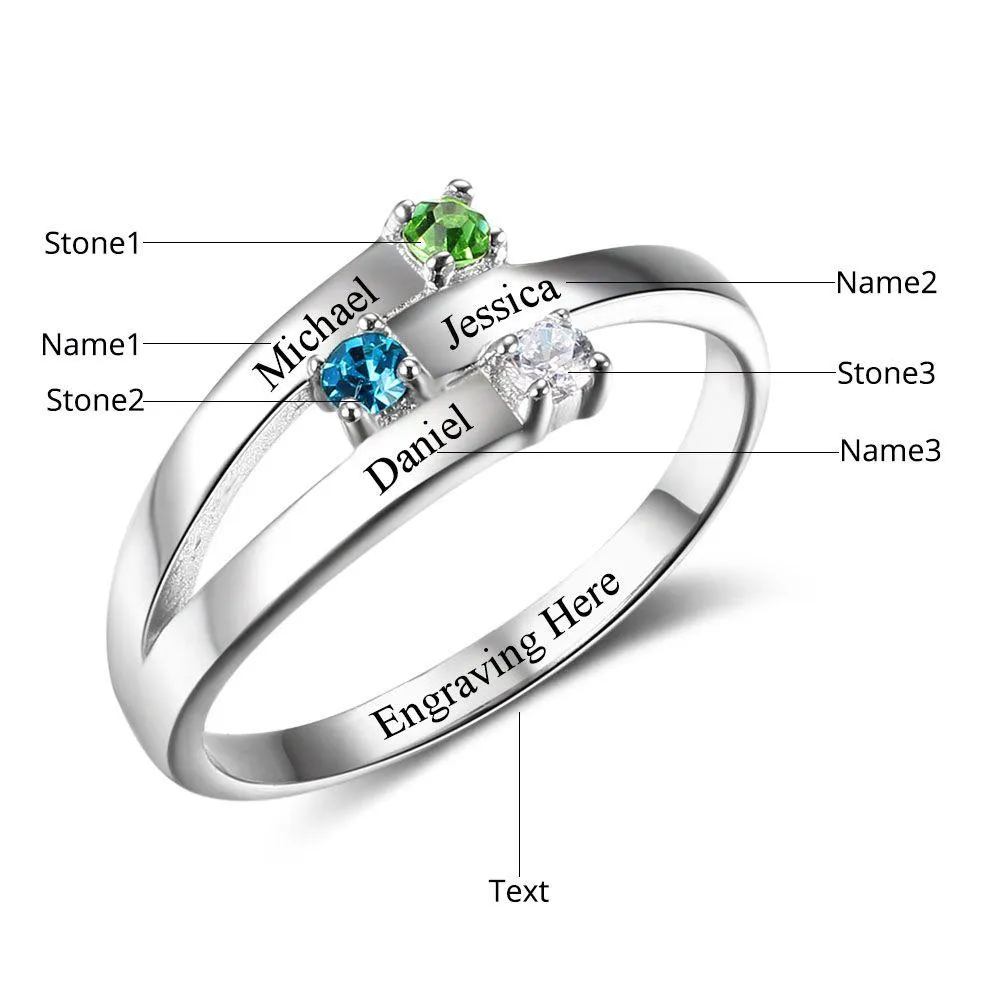 Personalized mothers ring with 3 birthstones and custom names
