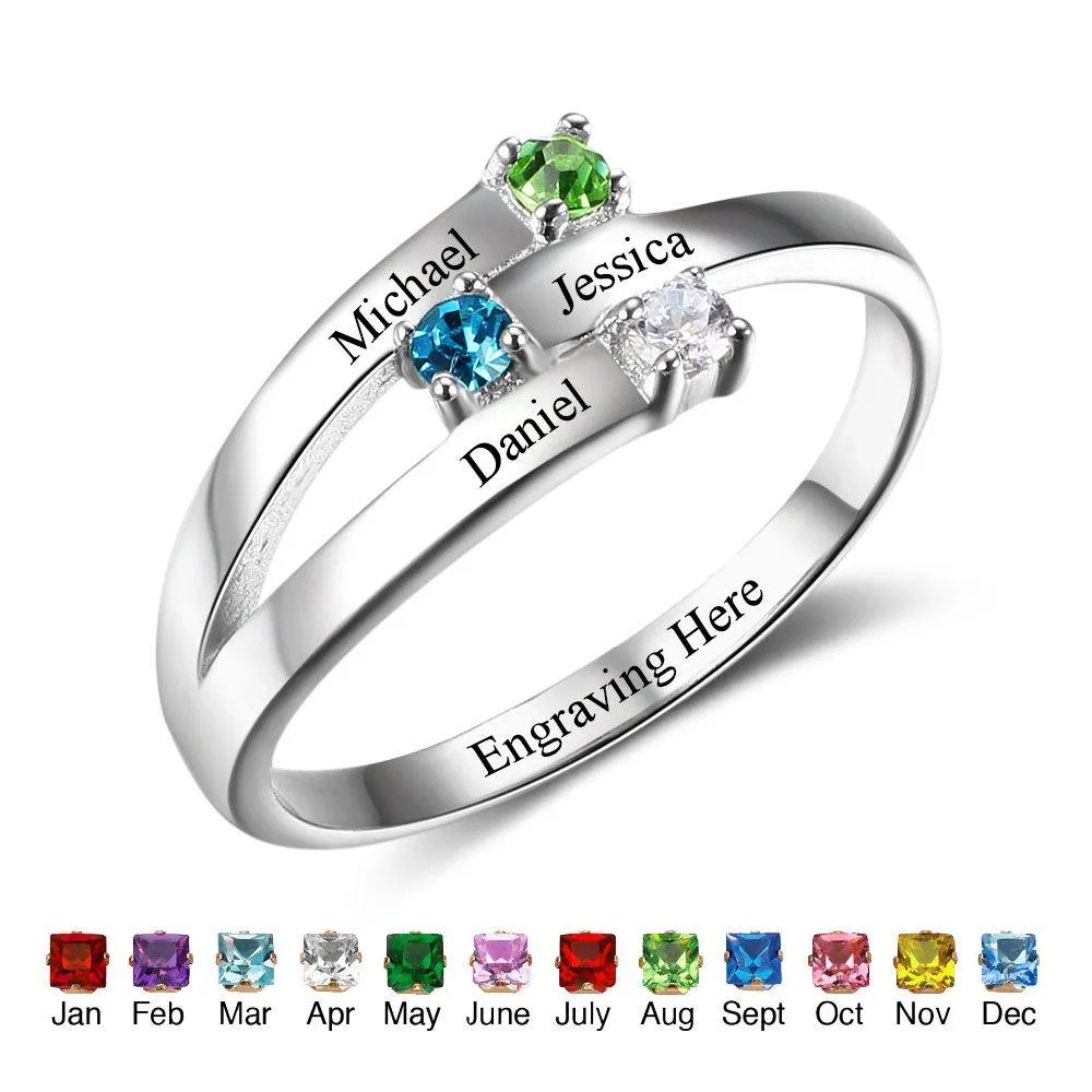 Personalized mothers ring with 3 birthstones and custom names