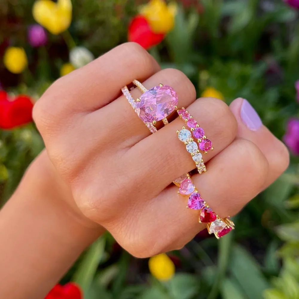 Pink Colored Oval Pavé Ring