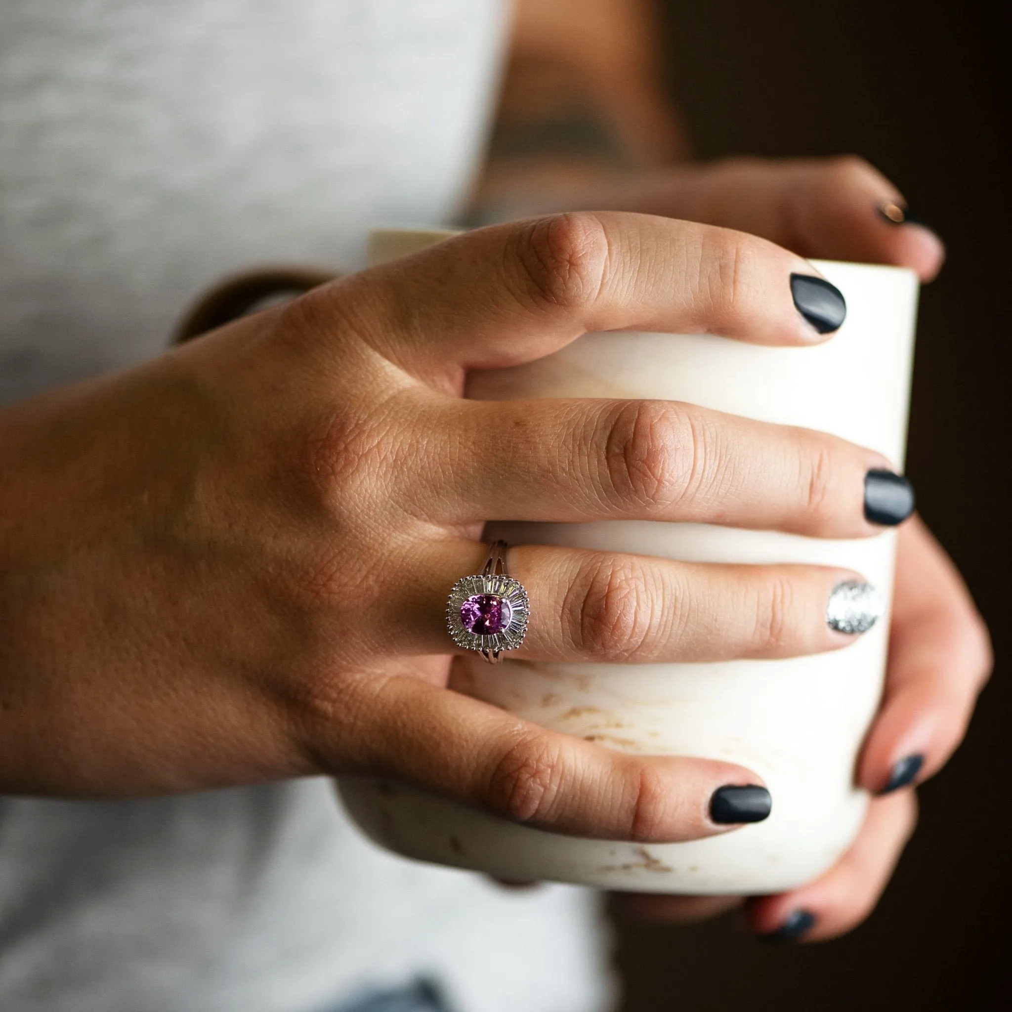 Pink Sapphire with Baguette Diamond Halo Ring