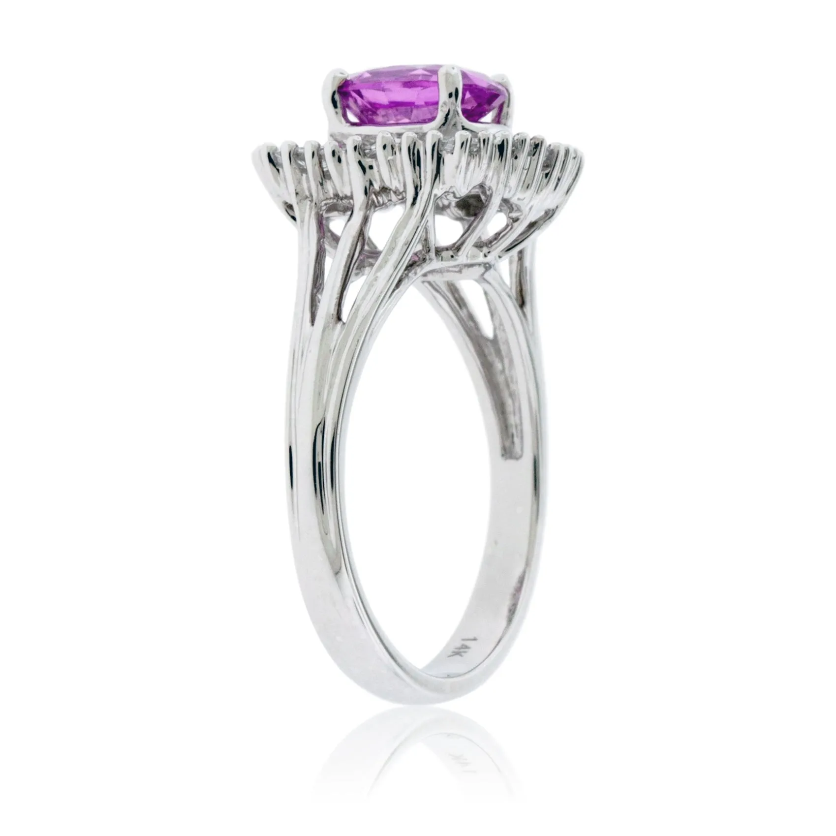 Pink Sapphire with Baguette Diamond Halo Ring
