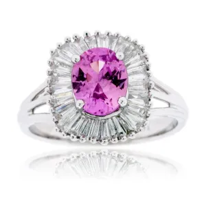Pink Sapphire with Baguette Diamond Halo Ring