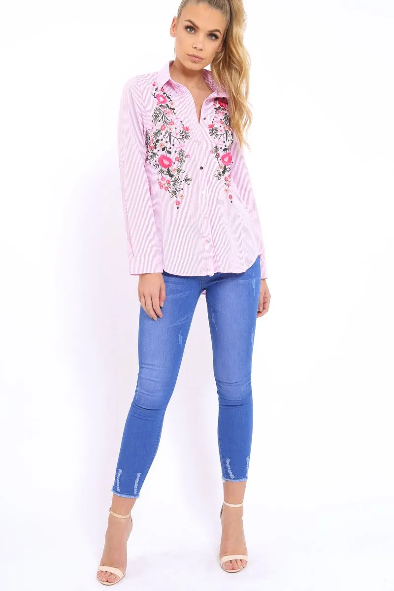 Pink Striped Floral Embroidered Shirt - Gianna