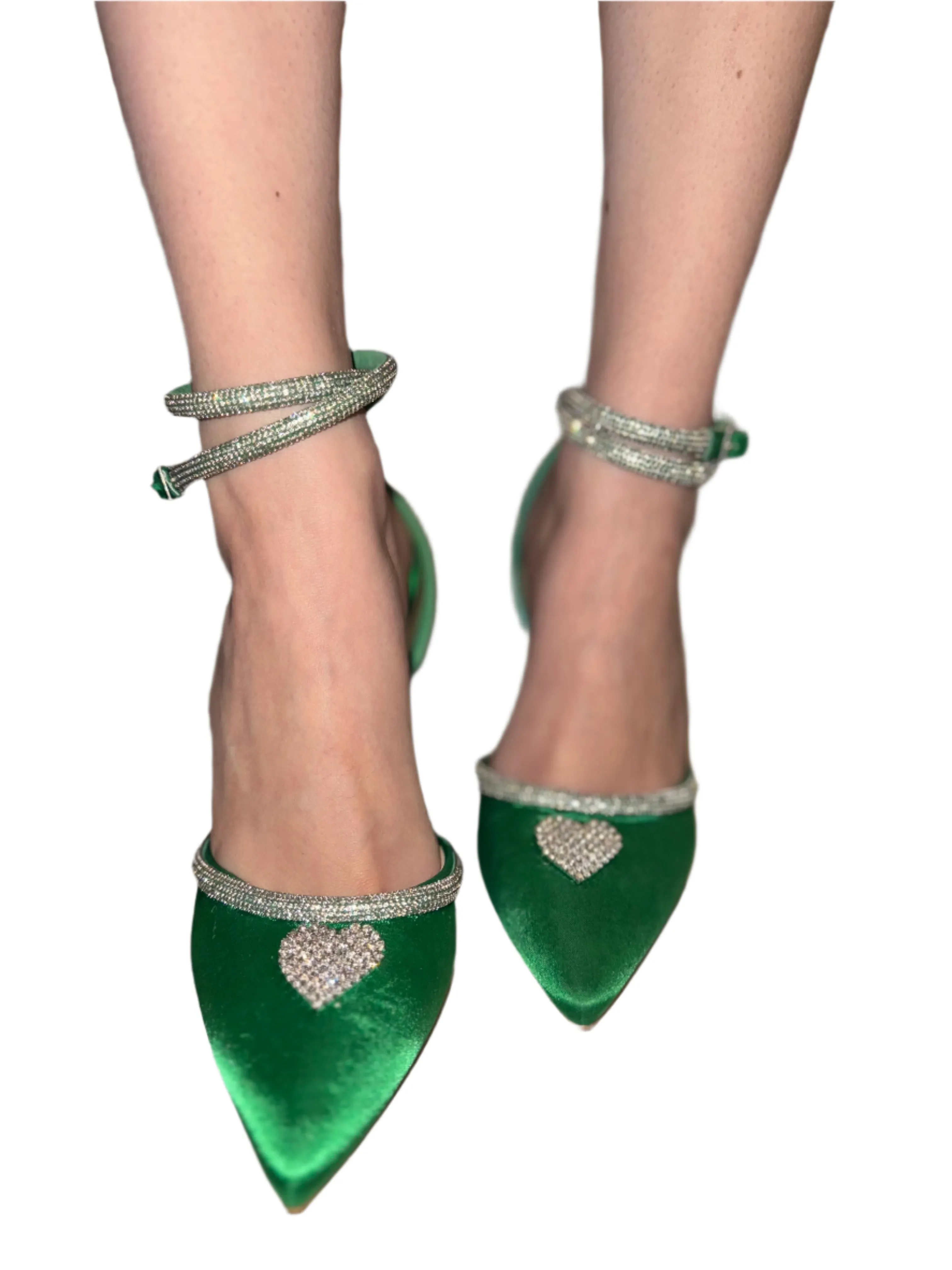 POINTED TOE SATIN STILETTO WITH RHINESTONE HEART DETAIL GLENDA