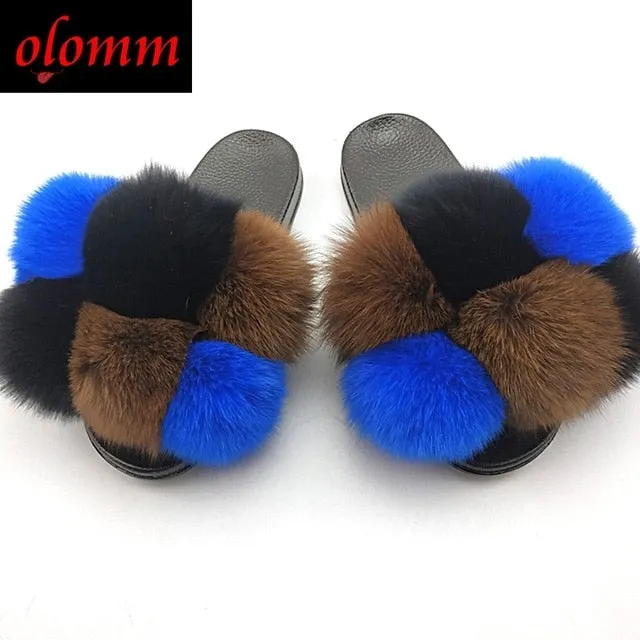 Pom Pom Fur Slippers For Women Fluffy Real Fox Fur Slides Furry