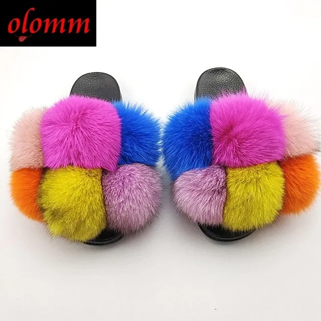 Pom Pom Fur Slippers For Women Fluffy Real Fox Fur Slides Furry