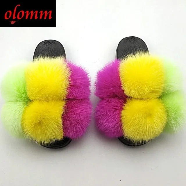 Pom Pom Fur Slippers For Women Fluffy Real Fox Fur Slides Furry